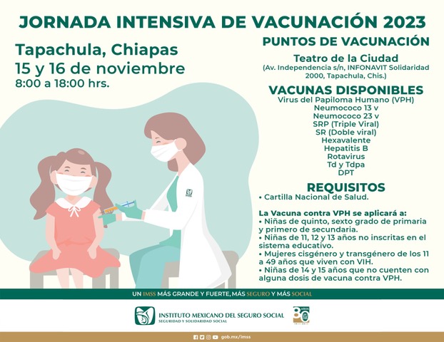 Invita IMSS Chiapas a Jornada Intensiva de Vacunación 2023, en Teatro de la Ciudad de Tapachula