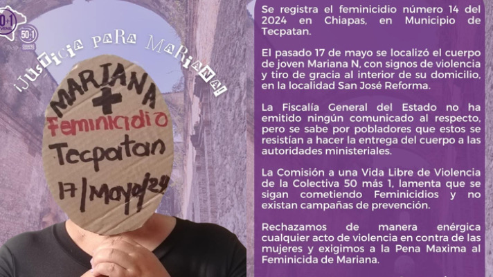 Denuncia colectiva “50 más 1” feminicidio de Mariana en Tecpatán