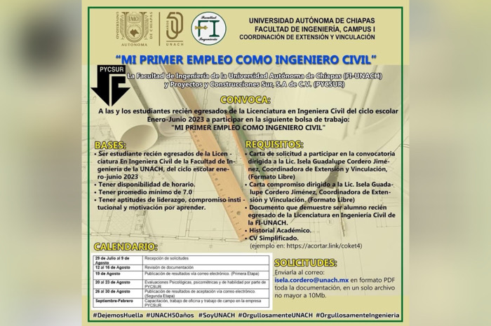 Invita UNACH a participar en la bolsa de trabajo “Mi primer empleo como ingeniero civil”