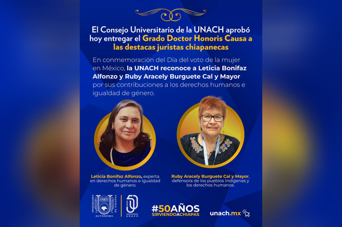 Aprueba Consejo Universitario de la UNACH entrega del Grado Doctor Honoris Causa a destacadas juristas chiapanecas