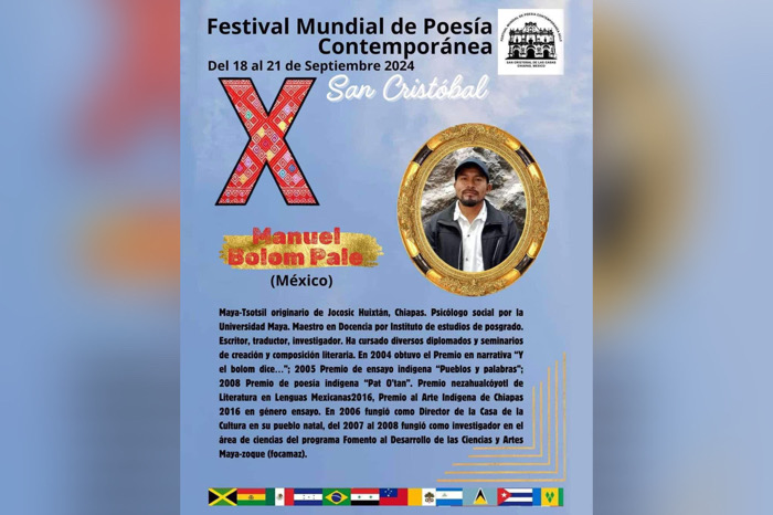 El poeta Manuel Bolom Pale participará en el Festival Mundial de Poesía Contemporánea