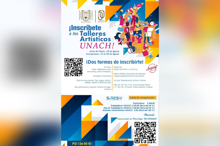 Convoca UNACH a inscribirse en los Talleres Artísticos