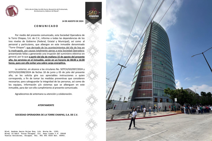 Falla eléctrica reduce horario de operación en la Torre Chiapas