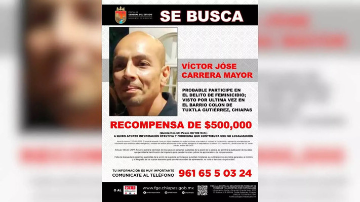 Se ofrece recompensa de 500 mil pesos para localizar a presunto feminicida