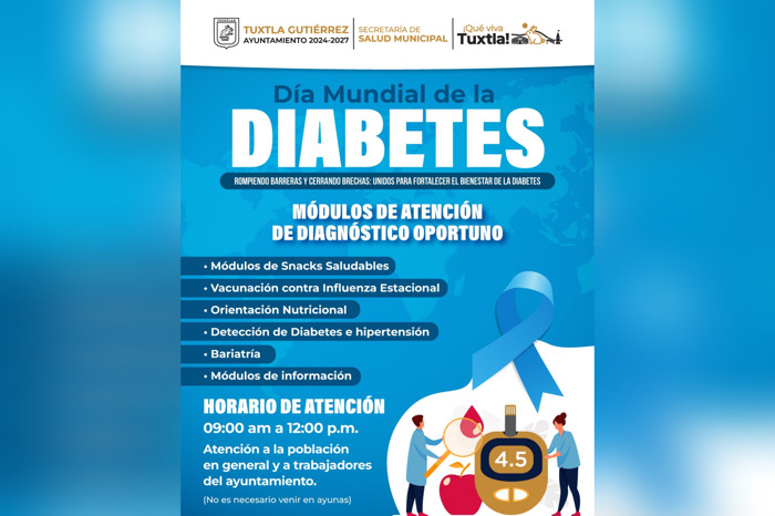 Invita Ayuntamiento de Tuxtla Gutiérrez a participar en acciones de prevención en el Día Mundial de la Diabetes