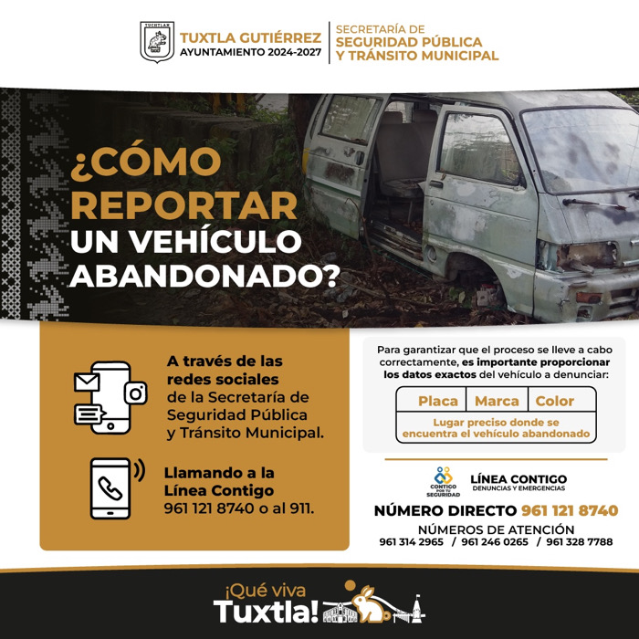 Aviso del Ayuntamiento de Tuxtla ante vehículos abandonados