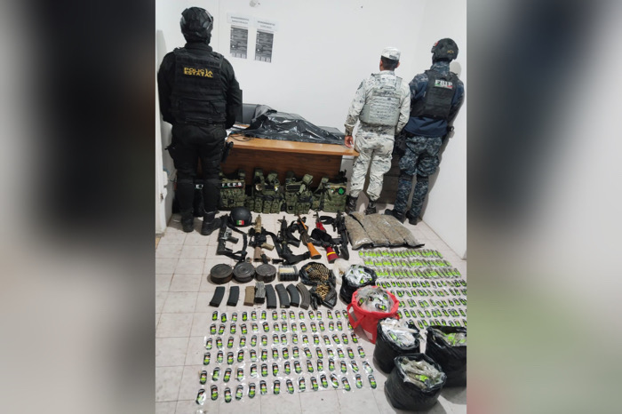SSP, FGE y Guardia Nacional decomisan armas largas, municiones, equipo táctico y presuntas drogas en Las Margaritas