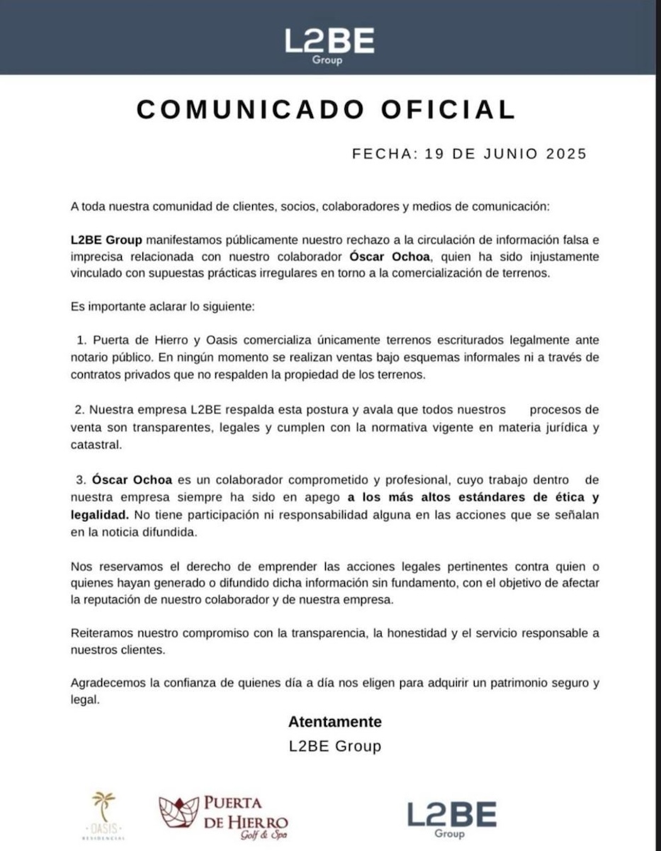 L2BE Group sostiene que sus procesos de venta de terrenos son legalesy cumplen la normativa vigente