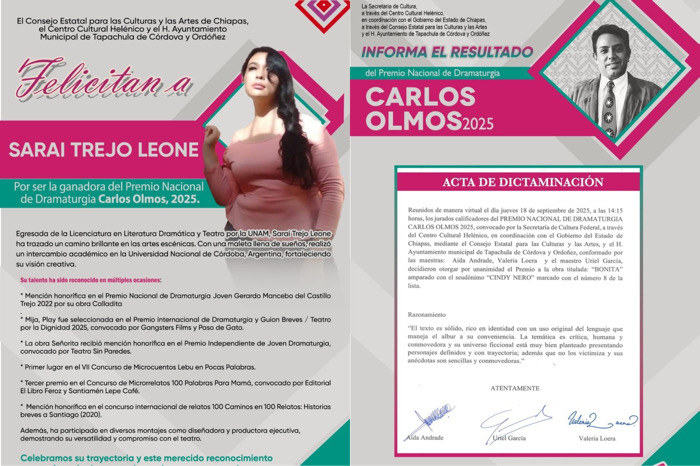 Saraí Trejo Leone, ganadora del Premio Nacional de Dramaturgia Carlos Olmos 2025