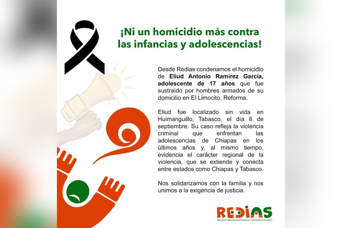 Redias condena asesinato de adolescente de Reforma 