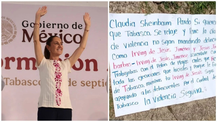 Una narcomanta y vehículo incendiado marcan visita de Sheinbaum a Tabasco