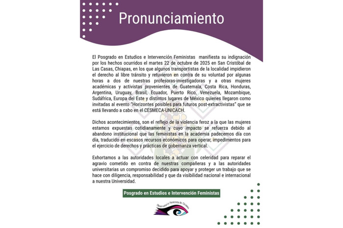 Académicas del CESMECA denuncian retención de profesoras y activistas