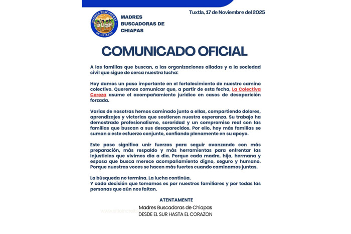 Colectiva Cereza asumirá acompañamiento jurídico a familias de personas desaparecidas