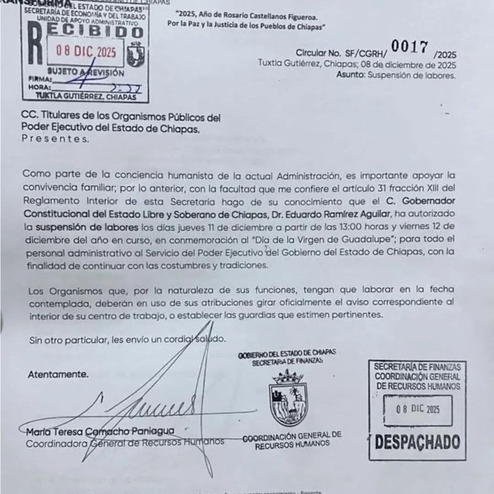 Autorizan suspensión laboral en gobierno estatal por celebraciones guadalupanas