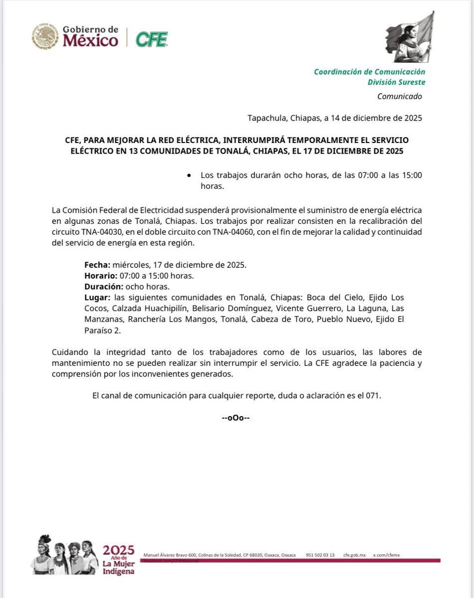 CFE anuncia cortes energía en municipios por trabajos de mantenimiento