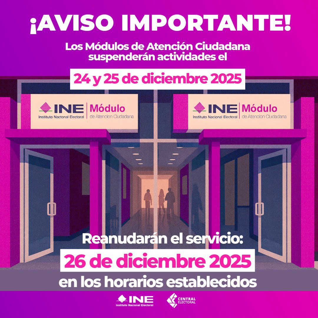 Módulos del INE permanecerán cerrados el 24 y 25 de diciembre y del 29 de diciembre al 3 de enero de 2026