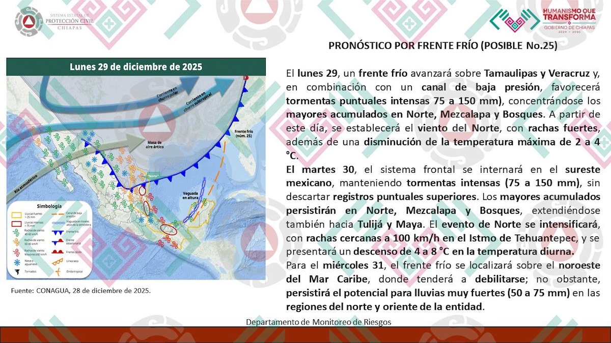 Pronostican ingreso de frente frío a Chiapas