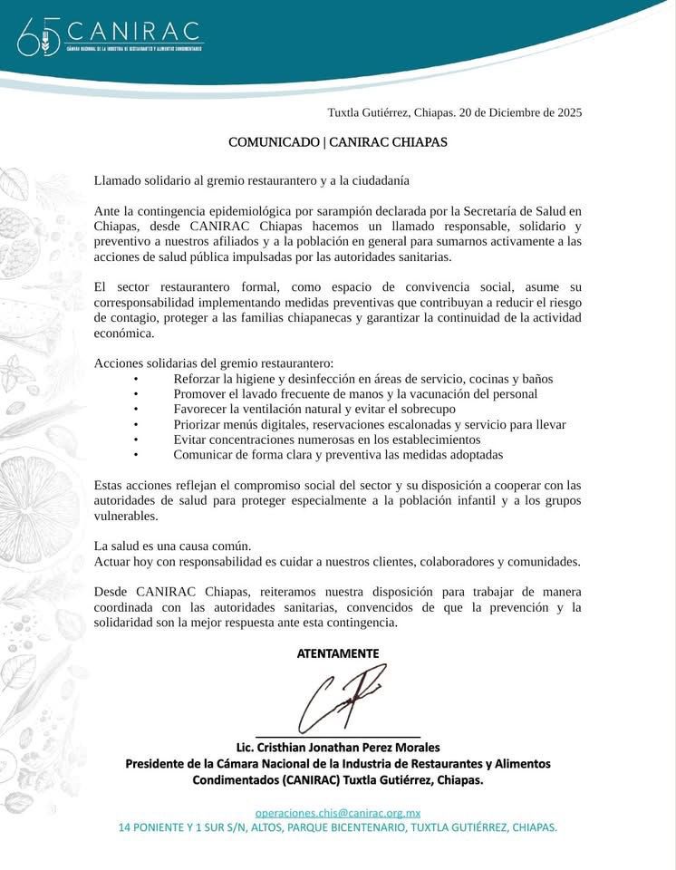 CANIRAC Chiapas llama a reforzar medidas preventivas ante contingencia por sarampión