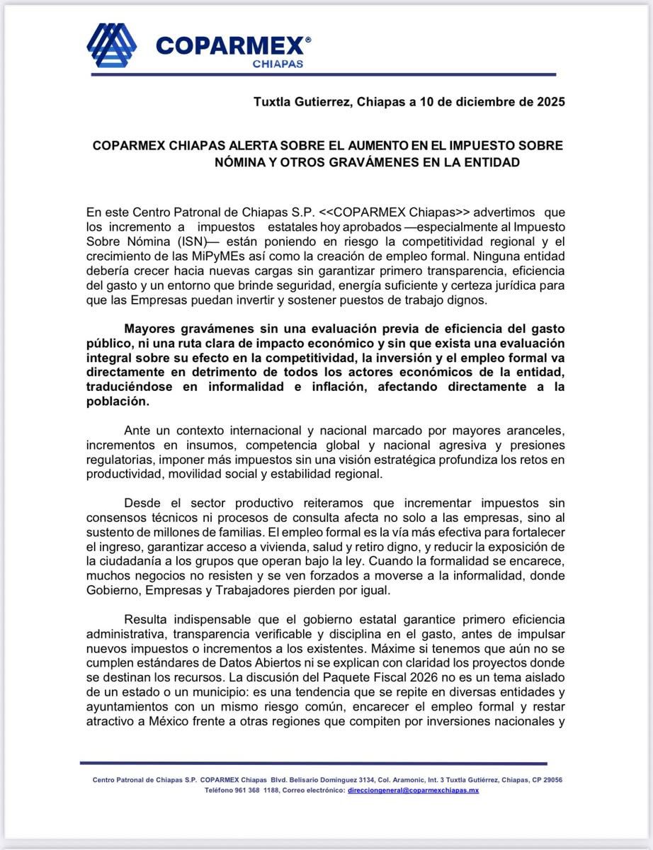 COPARMEX Chiapas advierte que aumento al impuesto sobre nómina pone en riesgo la competitividad y el empleo formal