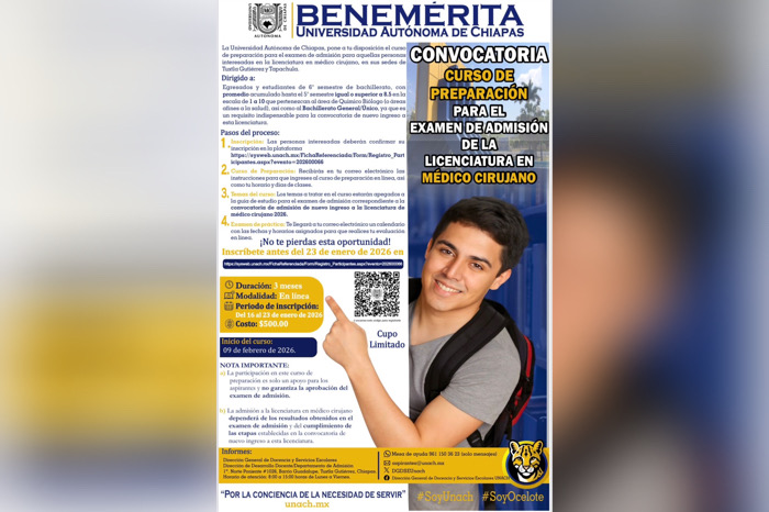 Abierta las inscripciones del curso de preparación para el examen de admisión de la Licenciatura en Médico Cirujano en la UNACH