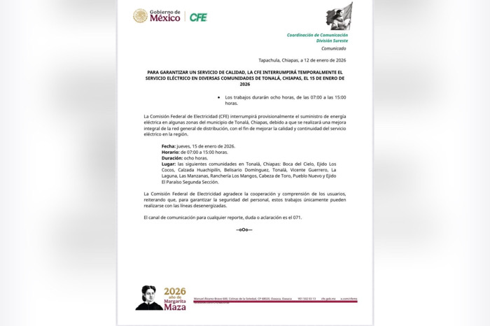 CFE anuncia corte programado de energía en comunidades de Tonalá