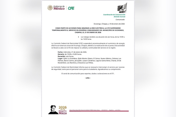 CFE anuncia suspensión temporal del servicio eléctrico en comunidades de Ocosingo