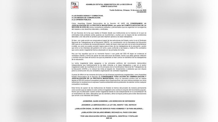 Asamblea democrática de la Sección 40 denuncia judicialización de protesta