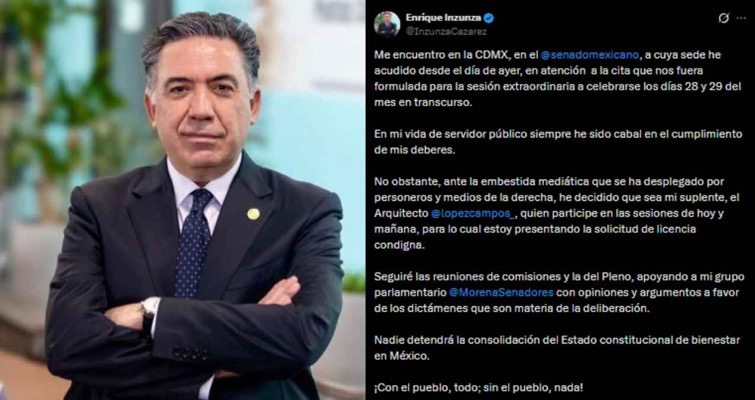 Inzunza pide licencia temporal al Senado en medio de indagaciones