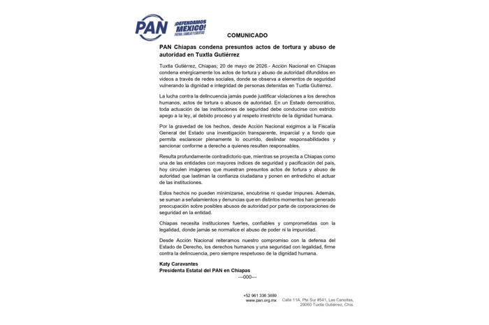 PAN Chiapas condena presuntos actos de tortura y abuso de autoridad en Tuxtla Gutiérrez
