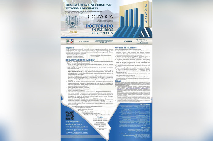 Abierta la convocatoria de ingreso Doctorado en Estudios Regionales que se imparte en la UNACH